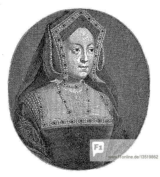 Porträt von Katharina von Aragon  auch Katharina von Aragon  15. Dezember 1485  7. Januar 1536  erste Frau von Heinrich VIII.  Königin von England  Holzschnitt  England