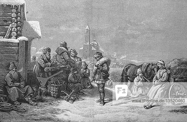 Kirmesmarkt in Jelna  im Winter. Marktszene mit Händlern und Kunden  Holzschnitt  1888  Russland  Europa