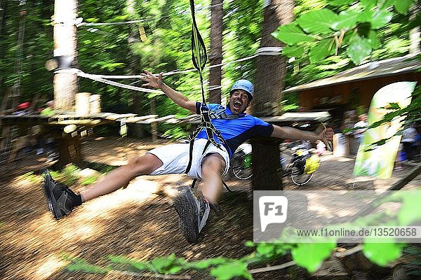 Man in the zipline from the forest adventure center and climbing forest Riegling  Eastern Bavaria  Lower Bavaria  Bavaria  Germany  Europe