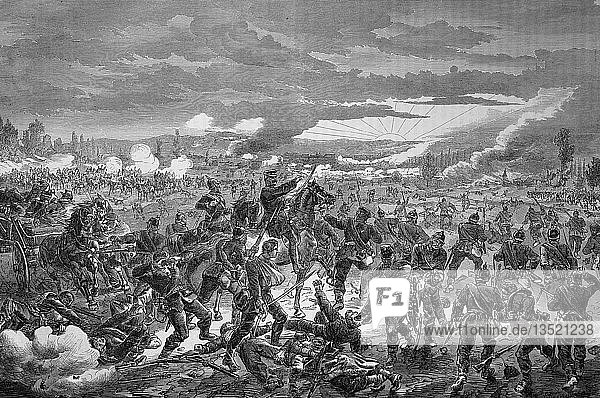 Die preußische 1. Division in der Schlacht bei Pange am 14. August  Deutsch-Französischer Krieg 1870/71  Holzschnitt  Frankreich  Europa