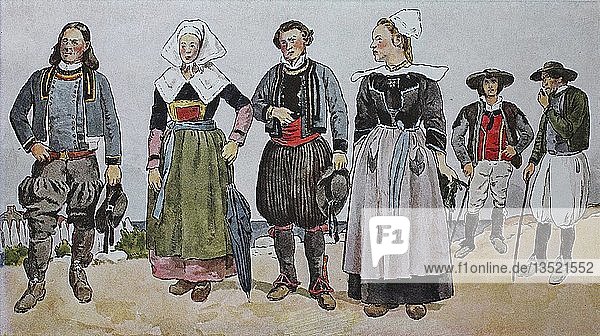 Menschen in Trachten  Mode  Kleidung in Frankreich zu Beginn des 19. Jahrhunderts  Departement Finistere  Illustration  Frankreich  Europa