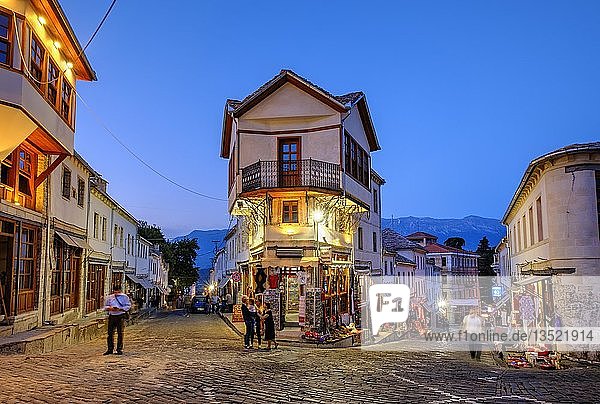Bazaar district Qafa e Pazarit dusk Old Town Gjirokastra Gjirokastër Albania Europe