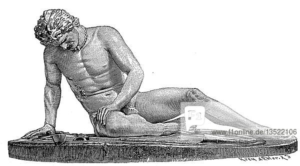 Ein sterbender Gallier Marmorstatue aus dem 3. Jahrhundert v. Chr. im Kapitolinischen Museum in Rom 1880 Holzschnitt Italien Europa