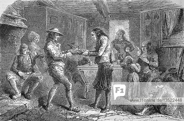 Bretonische Bauern teilen sich den königlichen Kuchen  die Palets des Rois de Bretagne  Familie in einer Bauernstube  1855  Holzschnitt  Frankreich  Europa