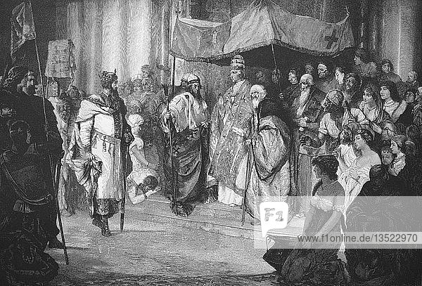 Treffen von Kaiser Friedrich Barbarossa und Papst Alexander III. am 24. Juni 1177  Holzschnitt  Italien  Europa