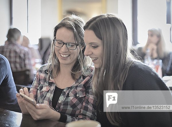 Young women looking at smartphones and laughing  Portrait  Café  Stuttgart  Baden-Württemberg  Germany  Europe