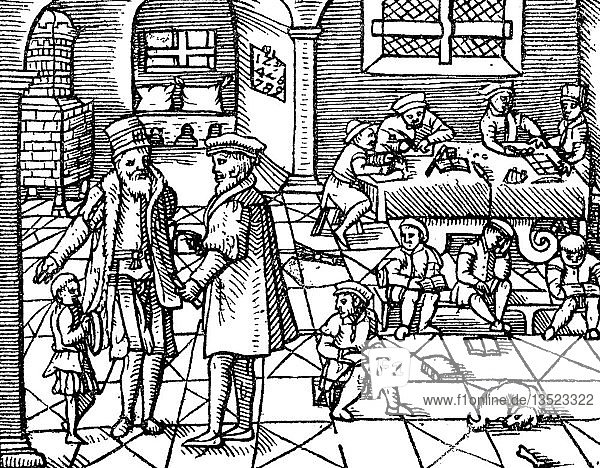 Interior of a school for writing and arithmetic in the 16th century  woodcut  England