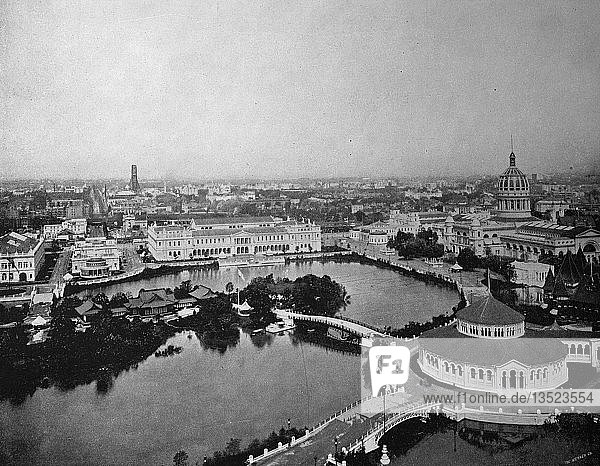 Blick vom Turm des Regierungsgebäudes auf die Gebäude auf dem Gelände der Weltausstellung 1893  Übersicht  historische Schwarzweißfotografie  Chicago  USA  Nordamerika