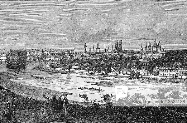 Panoramaansicht von München mit Isar  Bayern  Holzschnitt  1888  Deutschland  Europa
