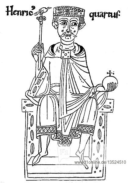 Heinrich IV. auf dem Thron mit Krone  Zepter und Reichsapfel  Miniatur aus der Kaiserchronik des Mönchs Ekkards von Aurach aus dem Jahr 1113  Holzschnitt  England