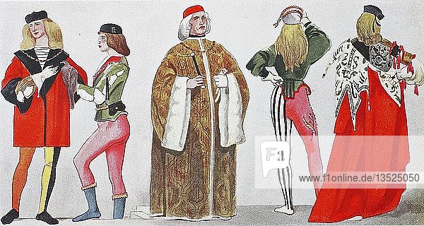 Clothing  fashion in Italy  Venice  Venetian costumes around 1485  illustration  Italy  Europe