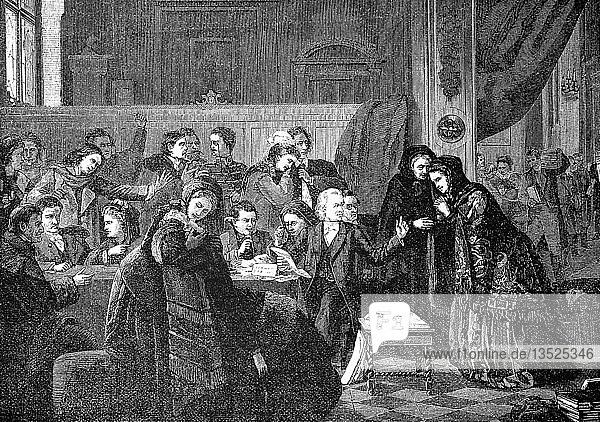 Die Familie hat den Notar getroffen und wartet auf die Verlesung des Testaments 1880 Holzschnitt England