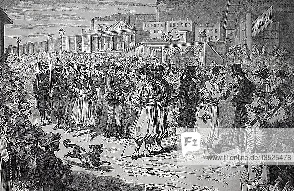 Ankunft der französischen Kriegsgefangenen auf dem Ostbahnhof in Berlin am 9. August Deutsch-Französischer Krieg oder Deutsch-Französischer Krieg 1870/1871 Holzschnitt Deutschland Europa