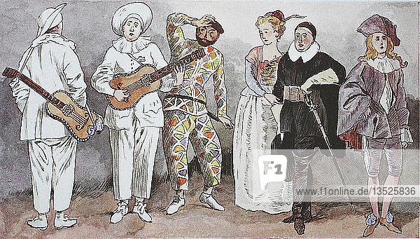 Mode Kleidung Kostüme in Frankreich um 1715 Figuren eines italienischen Mitstreiters Commedia dell arte Illustration Frankreich Europa