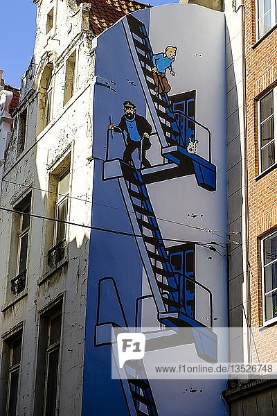 Graffiti  comic  Tintin and Struppi  wall painting on a house wall  Brussels  Belgium  Europe