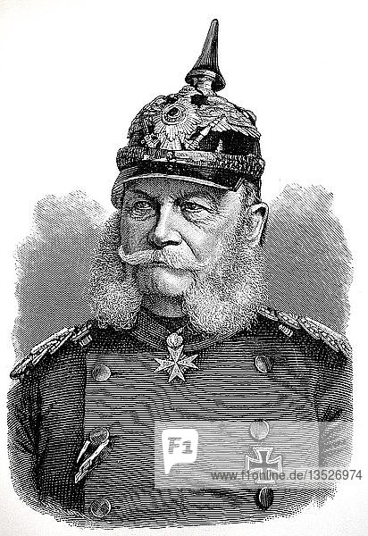 Portrait of Wilhelm I  March 22  1797  March 9  1888  King of Prussia  woodcut  Germany  Europe