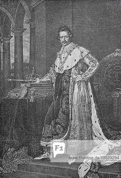 Ludwig I.  25. August 1786  29. Februar 1868  König von Bayern  Gemälde von Joseph Karl Stieler  1826  Darstellung im Krönungsgewand  Holzschnitt  Deutschland  Europa