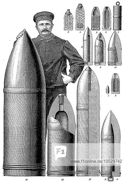Artillerie  Kanonen aus dem 19. Jahrhundert und früher  Geschosse und Granaten  1880  Holzschnitt  Deutschland  Europa