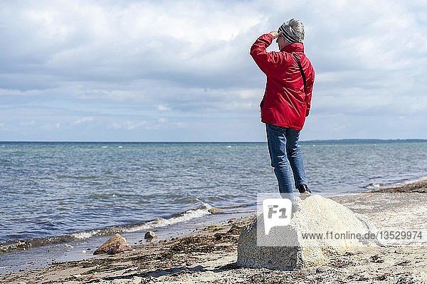 Frau steht auf einem Felsen und blickt auf den Horizont  Mecklenburg-Vorpommern  Deutschland  Europa
