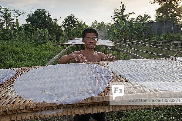 Vietnamese worker spreads steaming rice noodle patties on bamboo frame to dry  rice noodle factory  Mekong Delta  C?n Th?  Vietnam  Asia