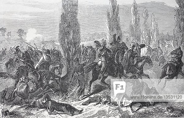 Das 3. sächsische Kavallerie-Regiment in der Schlacht bei Buzaney am 27. August 1870  Deutsch-Französischer Krieg 1870/71  Holzschnitt