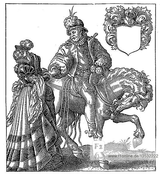 Soldat verabschiedet sich von seiner Frau  Illustration um 1600  zur Zeit des Dreißigjährigen Krieges  Holzschnitt  Deutschland  Europa