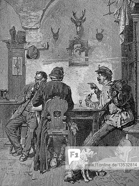Hochstapler  der die Einheimischen in einem Dorfgasthaus mit seinen Geschichten belästigt  1880  Holzschnitt  Deutschland  Europa