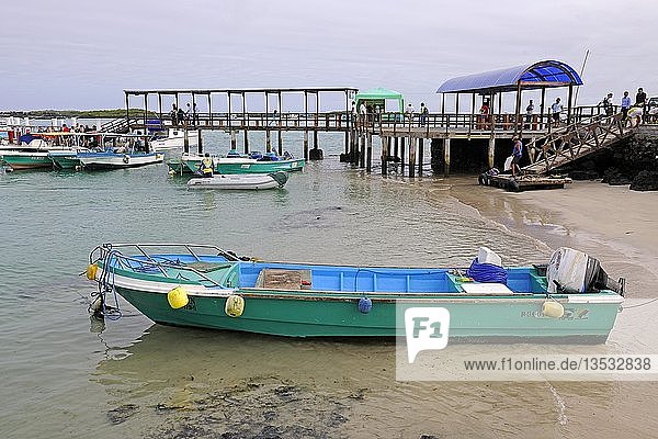 Boats and jetty in the harbour of Puerto Villamil  Isabela Island  Galapagos Islands  UNESCO World Heritage Site  Ecuador  South America