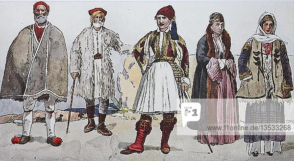 Mode historische Kleidung Volkstrachten in Griechenland um 1880 Illustration Griechenland Europa