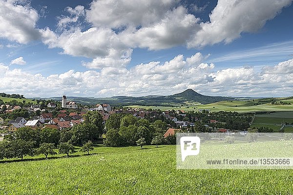 Blick über eine Wiese  Hegauer Landschaft mit dem Dorf Weiterdingen  im Hintergrund der Vulkan Hohenhewen  Baden-Württemberg  Deutschland  Europa