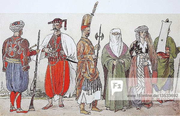 Mode  historische Kleidung  Volkstrachten in der Türkei von 1800  1825  Soldaten und Frauen  Illustration  Türkei  Asien