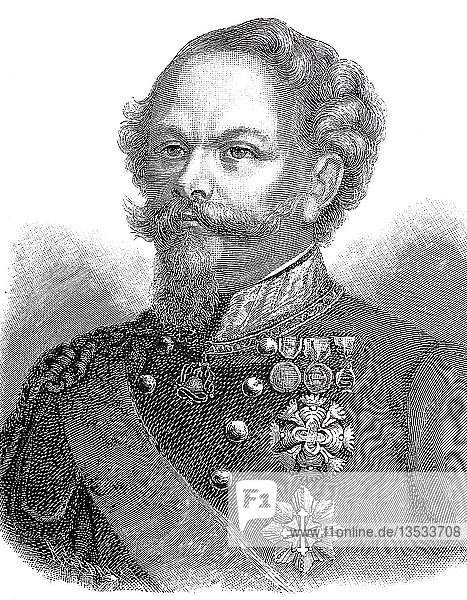 Viktor Emanuel II  vollständiger Name Vittorio Emanuele Maria Alberto Eugenio Ferdinando Tommaso di Savoia  14. März 1820  9. Januar 1878  war König von Sardinien-Piemont  Holzschnitt  Italien  Europa