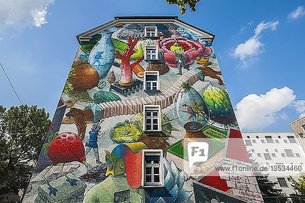 Hausfassade mit Graffiti vom spanischen Streetart-Künstler Liqen El Gabinete de las curiosidades Dachauerstraße München Oberbayern Bayern Deutschland Europa