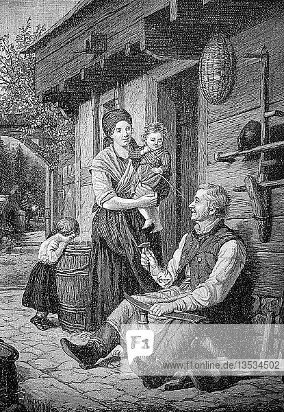 Feierabend  Bauer schärft die Sense  Frau mit zwei kleinen Kindern  vor dem Bauernhaus  1870  Holzschnitt  Deutschland  Europa