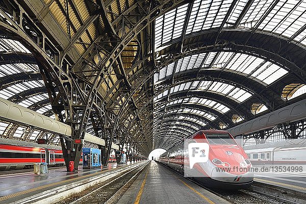 Halle im Hauptbahnhof  Stazione Centrale  mit Frecciarossa-Hochgeschwindigkeitszügen  Mailand  Lombardei  Italien  Europa