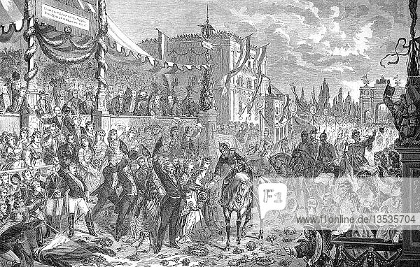 Der Sieg der bayerischen Truppen in München am 16. Juli 1871  Gruß des Kronprinzen des Deutschen Reiches auf dem Universitätsplatz  Holzschnitt  Deutschland  Europa