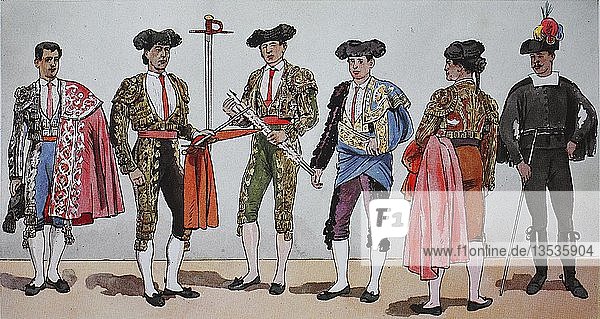 People in traditional costumes  fashion  clothing in the bullfights in Spain for modern history  illustration  Spain  Europe