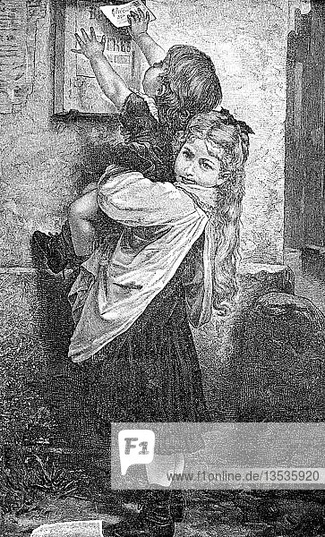 Der Brief an das Christkind  Kleiner Junge wirft einen Brief in den Briefkasten und wird von seiner Schwester aufgezogen  Wünsche  1880  Holzschnitt  Deutschland  Europa