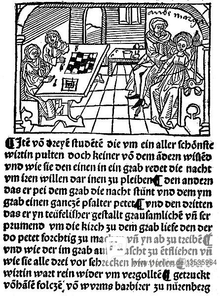 Studenten bei einem Liebesabenteuer  Titel eines Buches von Hans Folz  1480  Holzschnitt  Deutschland  Europa