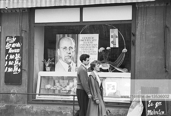 Walter Ulbricht in the shop window of a grocery store  1961  Leipzig  Saxony  GDR  Germany  Europe