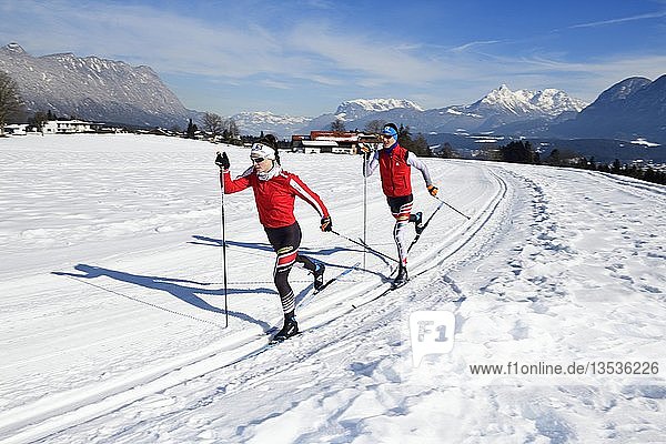 Cross-country skiers  Cross-Country Centre Angerberg  Wörgl  Kitzbühel Alps  Tyrol  Austria  Europe