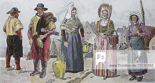 People in traditional costumes  fashion  costumes  clothes in Belgium in the 19th century  illustration  Belgium  Europe