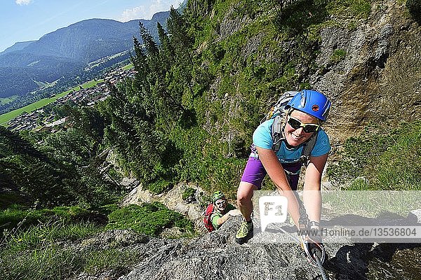 Two climbers in the Hausbachfall via ferrata  Reit im Winkl  Chiemgau  Bavaria  Germany  Europe
