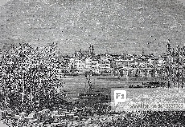 View across the Loire river to the town of Tours in the Center-Val de Loire region  France  ca. 1870  woodcut  France  Europe