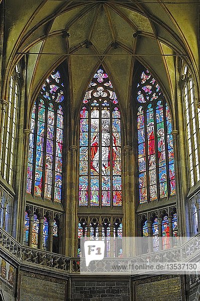 Stained-glass windows  apse  Gothic St. Vitus Cathedral  Prague Castle  Hradcany  Prague  Bohemia  Czech Republic  Europe