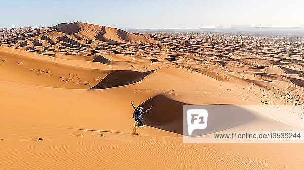 Woman running downhill  red sand dunes in the desert  dune landscape Erg Chebbi  Merzouga  Sahara  Morocco  Africa