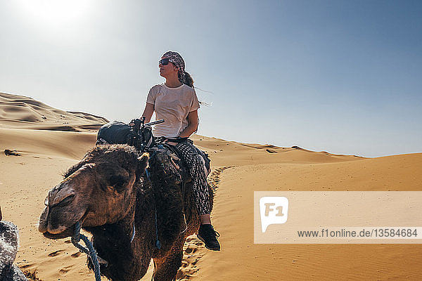 Frau reitet Kamel in sonniger Sandwüste  Sahara  Marokko