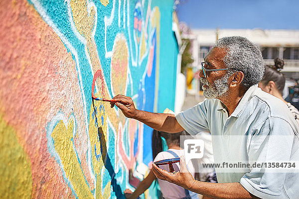Senior male volunteer painting vibrant mural on sunny wall