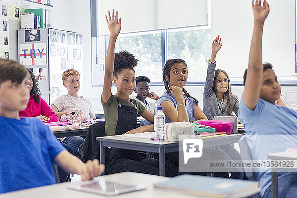 Junior high school students with hands raised in classroom