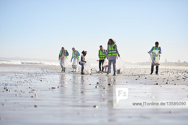 Volunteers cleaning up litter on sunny wet sand beach